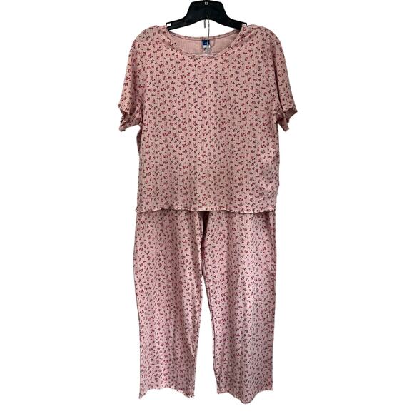Old Navy Pointelle Pink Red Floral 2 Piece Pajama Lounge Set Cotton XL/L - Picture 1 of 11